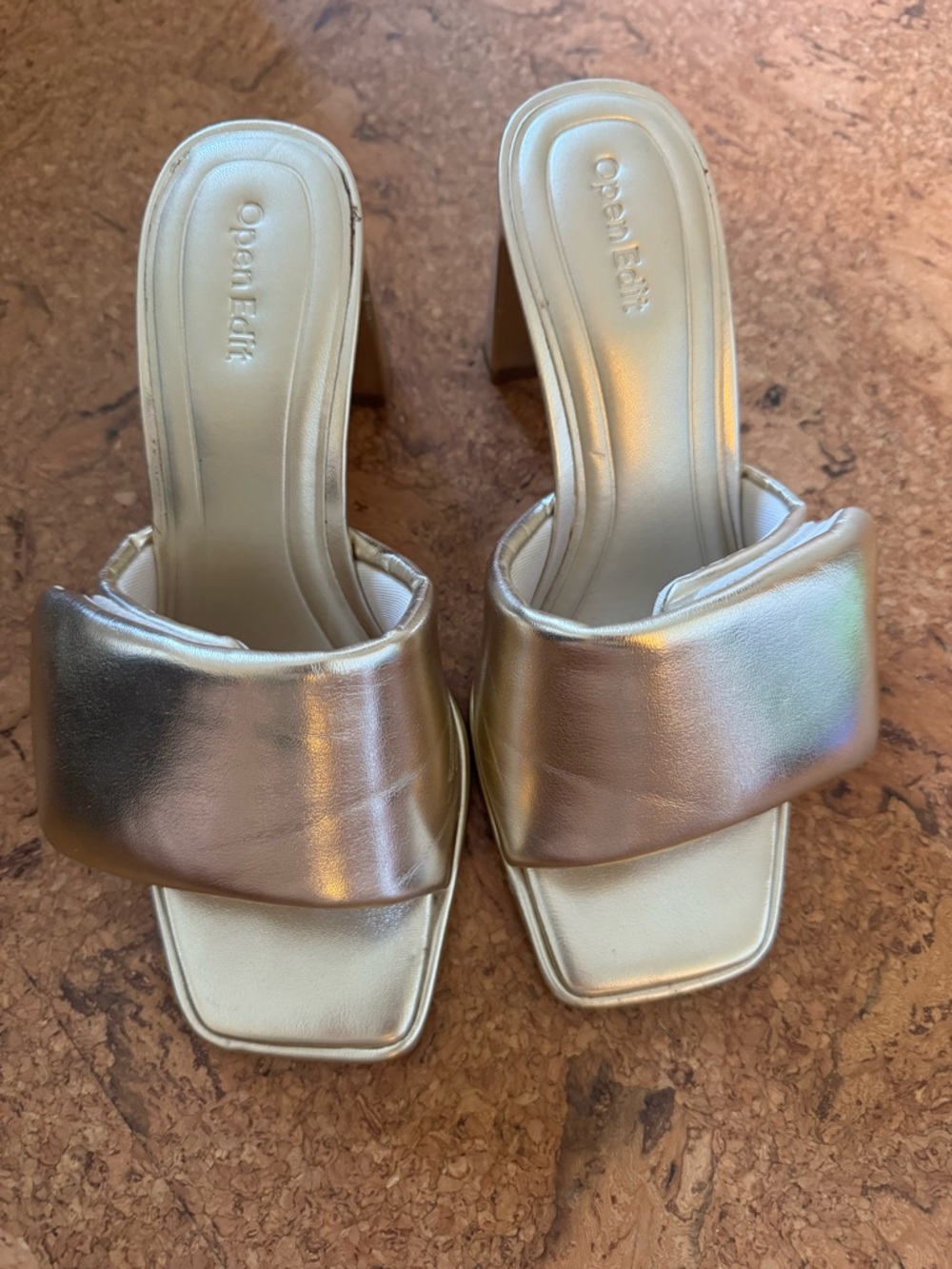 Metallic Gold Block Heel Slide Sandals - Women - Picture 3 of 6